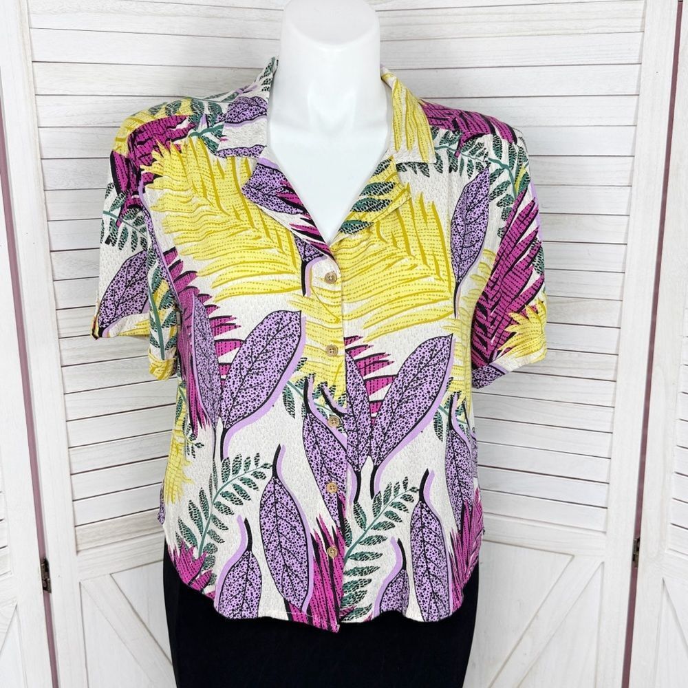 Jane & Delancey Tropical Print Button Up Short Sleeve Shirt Large